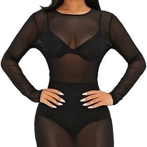 Women's Mesh Sheer Long Sleeve Round Neck Short Bodycon Clubwear Dress